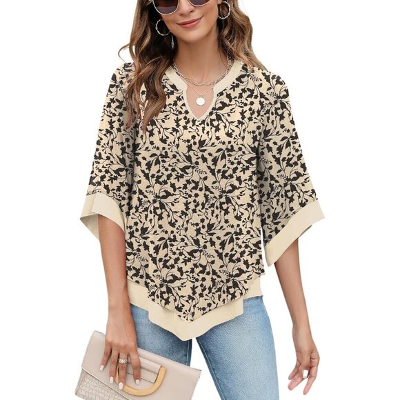 Tops - Women's Chiffon Blouse 3/4 Sleeve V Neck Double Layers Mesh Flowy Top